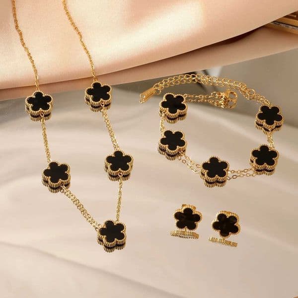 LUXUKISSKIDS Fashion Flower Necklace Earrings Set Jewelry Women Stainless Steel White Shell Clover Bracelet Jewelry Accessories C260601