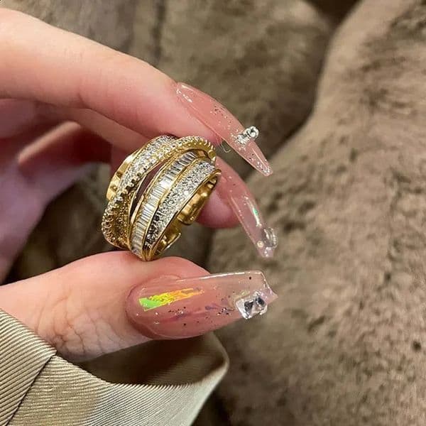 Korea Gold Color Multilayer Wide Open Rings For Women Shiny Zircon Cross Adjustable Finger Ring Wedding Jewelry Gift260530