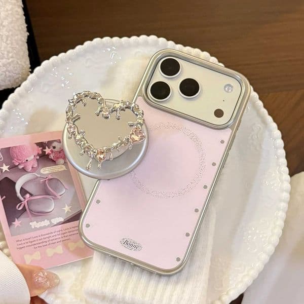 Plating With Korean Love Heart Mirror Magnetic Bracket Phone Case For iPhone Air 12 13 14 15 16 17 Pro Max Shockproof Hard Cover Z260601