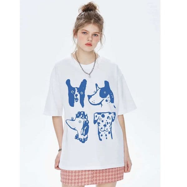 American Retro Cartoon Dog Printed White T-shirt Summer Y2k Loose Cotton Casual Dog Lover Personalized Street Clothing Tops D260601