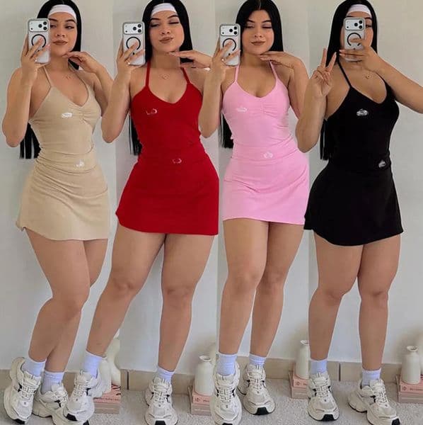 Women Summer 2 Pieces Set V Neck Ruched Spaghetti Strap Athletic Dress with Built-in Shorts camisole Skirt Two-piece Set