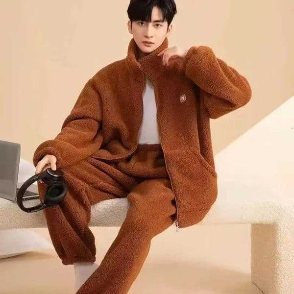 Winter Mens Pajamas Coral Fleece Comfortable Casual Indoor Home Wear Thickened Zipper Thermal Cardigan Pajamas 2 Piece Sets L260525