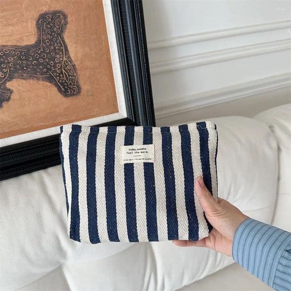 Cosmetic Bags Blue Vertical Stripe Multifunctional Portable Large Capacity Makeup Bag Lipstick Cosmetics Storage Travel Make Up