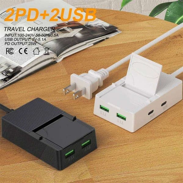25W 4-Port PD USB Fast Charging Station with Foldable Stand Multi Device Charger for Phone EU/US Plug Travel Power Adapter