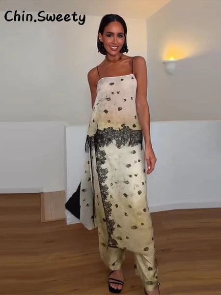 Vintage Womens Printed Lace Patchwork Sling Top Pants Set Sleeveless Square Collar Vest Straight Leg Pant 2026 Summer Chic Suit 260601