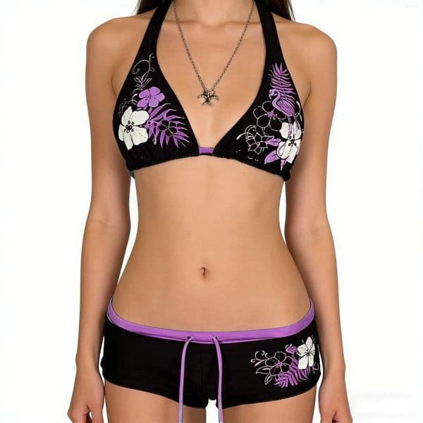 Women's Swimwear European And American Personality Sexy Spicy Girl Retro Floral Print No Chest Pad Bikini Split Swimsuit Set Shorts