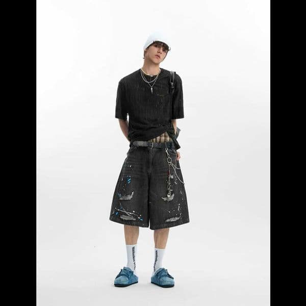 Mens Denim Summer Shorts European American High Street Fashion Heavyweight Ripped Loose Straight Knee Length 5-Point Mid Pants M260601