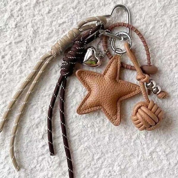 PU Leather Five Pointed Star Bag Pendant Woven Rope Hanging Leather Star Keychain Trinket Ins Star and Ball Pendant M260601