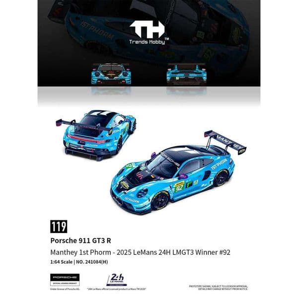 Trends Hobby 1/64 Porsche 911 GT3 R 2025 LeMans 24H LMGT3 Racing Miniature Model Toy Car Free Wheels Diecast Collection Gift 26L0601