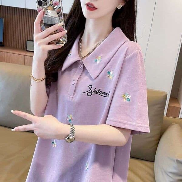 Polo Shirt Short-Sleeve T-Shirt For Women, Summer Thin Loose Plus-Size Women's Clothing, Regular Shoulder, Slimming, Embroidered Casual Top Summer