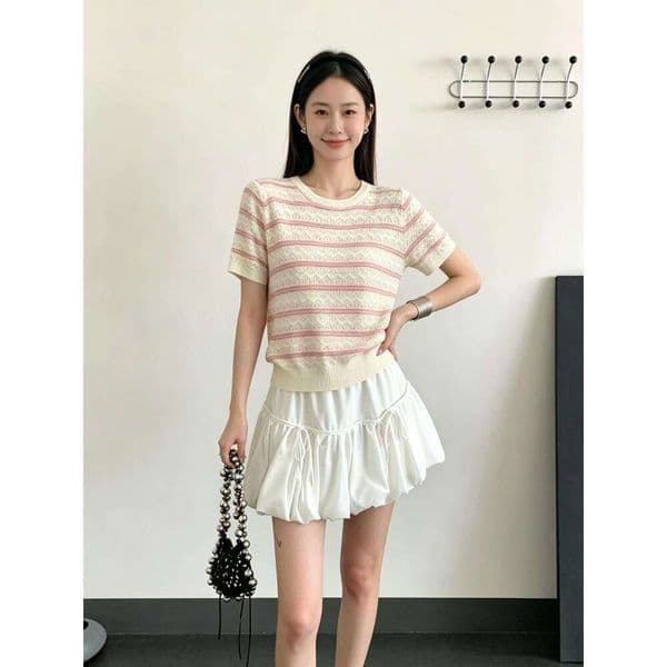 Designer Cream Pink Knit Striped Top, Women Round Neck with Lace Shoulder, Casual A5 Summer Knitwear Daily Office Lady
