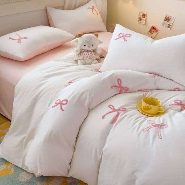 3 Piece Sheet pink bowknot embroidery duvet cover Setcomfortable Bedding Set Bedspread for All Season 26Y0601