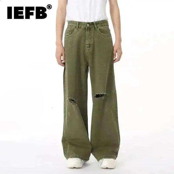 IEFB Mens Jean Vintage Fashion Men Wear Hole n Simple Solid Color Autumn Korean Straight Denim Pants Green 9C6950 260601