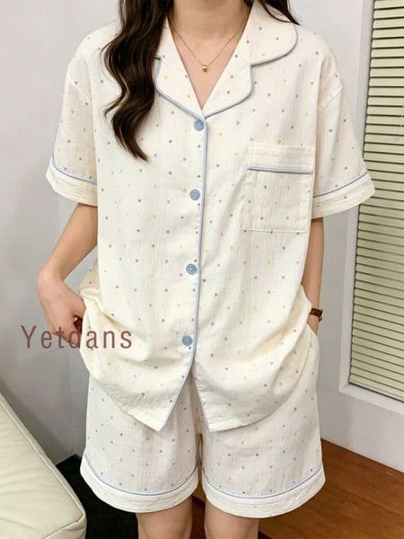 Womens Cotton Polka Dot Printed Pajama Set With Contrast Trim Button-Down Shirt Shorts Homewear Summer Set Two Pieces Set Pj L260525
