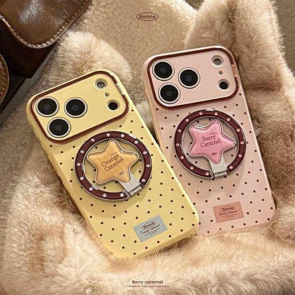 Polka Dots Korean Cartoon Bear Fold Stars Magnetic Bracket Phone Case For iPhone 17 16 15 14 13 12 Pro Max Shockproof Soft Cover Z260601