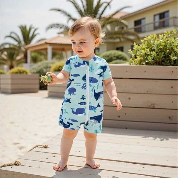 1-4Y Kids Baby Boys Rash Guard Swimsuit Toddler Dinosaur Whale Pattern Zip-up Short Sleeve Crew Neck Swimwear BeachwearT260601