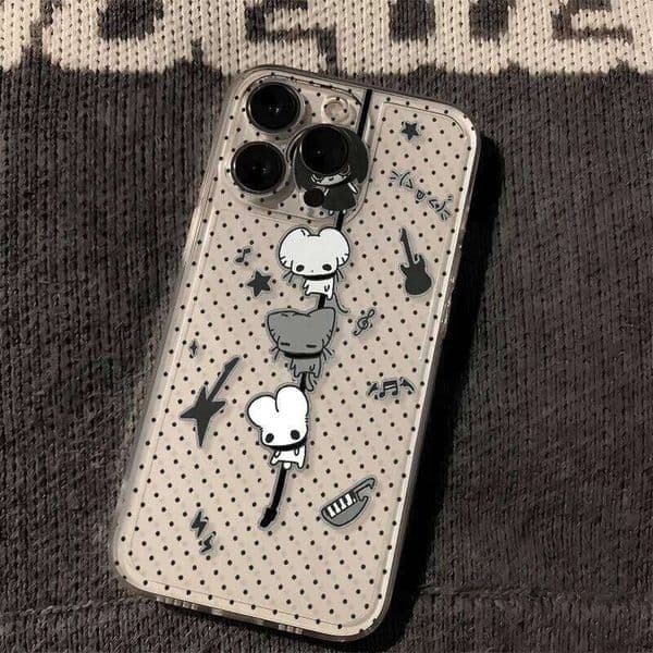 Korean Style Black Dot Rock Cat Phone Case For iPhone 17 Air 16 15 14 11 Pro Max 13 12 Mini XSMax XS XR X Soft Cover