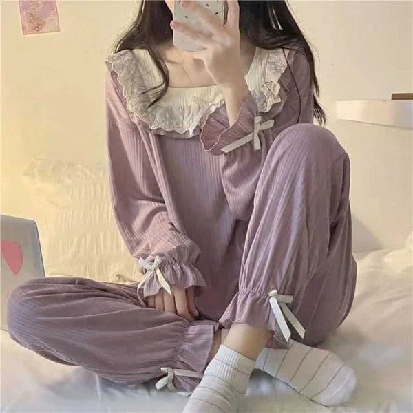 Spring and Autumn New Womens Pajamas Homewear Set of Girls Pajamas Spring and Autumn Lace Pit Stripes Student Pajamas Homewear L260525
