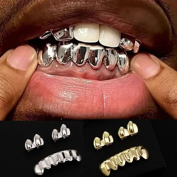 DIY Glossy Teeth Gold Silver Color Top Bottom Tooth Caps for Women Men Hip Hop Jewelry Halloween Cosplay Party Gift 260530