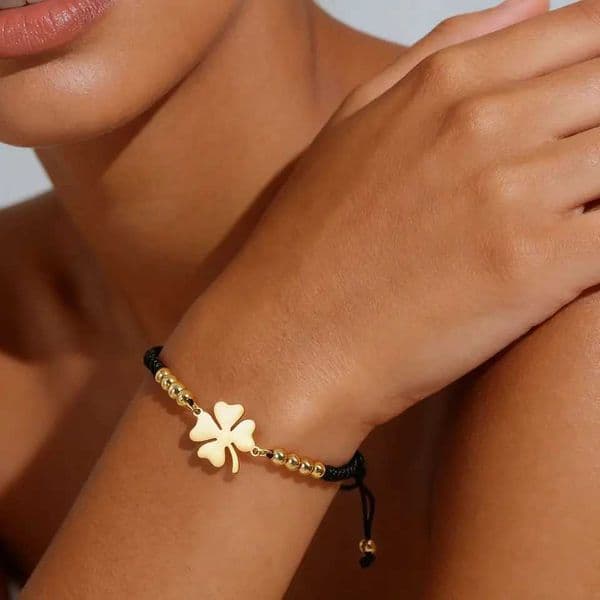 Lucky Clover Charm Bracelet Red Black Adjustable Handmade Rope String Beads Stainless Steel Jewelry Gifts for Women Couple C260601