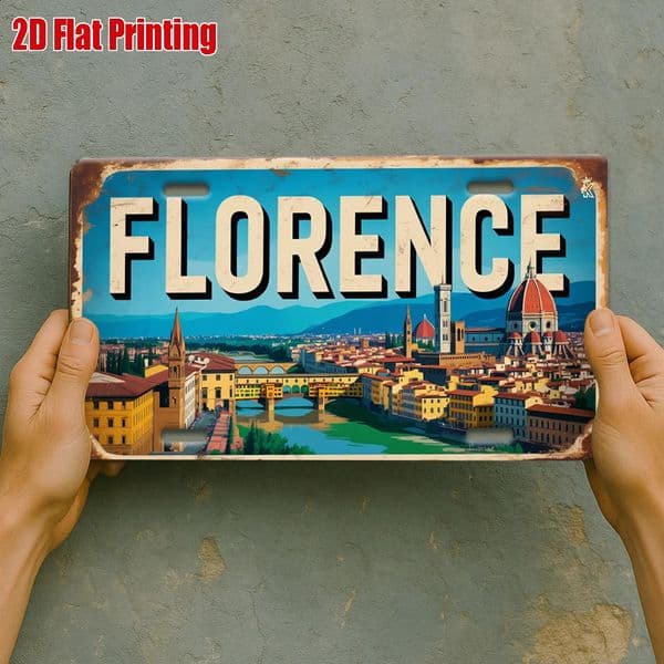 2D Flat Single Pizza Cityscape Metal License Plate Perfect for Art Studios Book Cafes Italian Kitchensand Historical Corners 260601