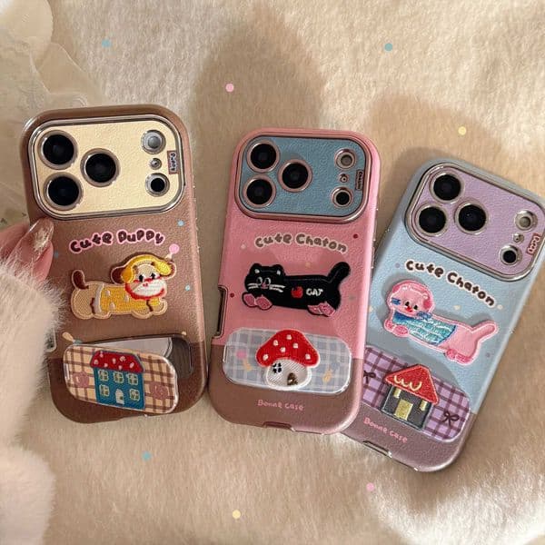 Embroidery Korean Cartoon Kitten Leather Texture Fold Mirror Phone Case For iPhone 17 16 15 14 13 12 11 Pro Max Shockproof Cover Z260601