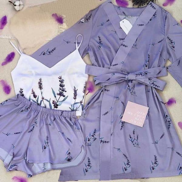 Lavender print Womens Summer Sexy Pajama Pants Set 3 Pieces Satin With Silk Sleepwear Robe Fashion And Comfortable Nightwear L260525
