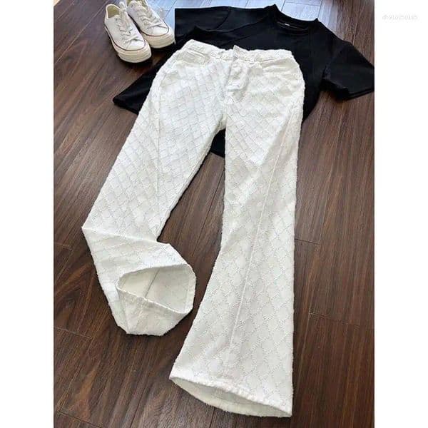 Men's Jeans Men Clothing Luxury Cleanfit White Rhombus Autumn Jacquard Design High Street Long Pants Pendant Loose Casual