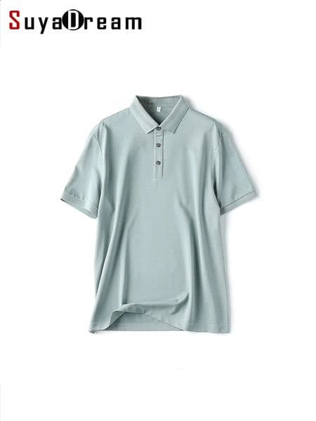 SuyaDream Men Polo Shirt Silk Cotton Blend Short Sleeved Chic Smart Casual T Shirts Spring Summer Top Black Blue 260601