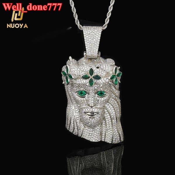 Large Heavy Jesus Pendant Necklace Hip Hop Style Bling GreenMoissanite Four Leaf Clover Jesus Pendant Jewelry