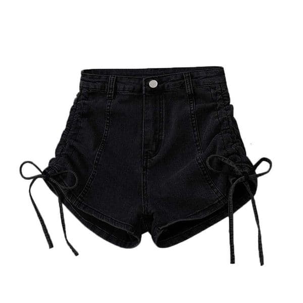 Drawstring Design With Straps, Tight-Fitting, Pear-Shaped A-Line High-Waisted Denim Shorts, Elongating And Slimming, Stretchy, New Hot Pants 9A7