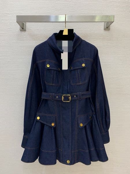 D26042935 2026 Spring/Summer New Style Waist Belt Style Slimming Long-Sleeved Denim Dress! Dark Blue