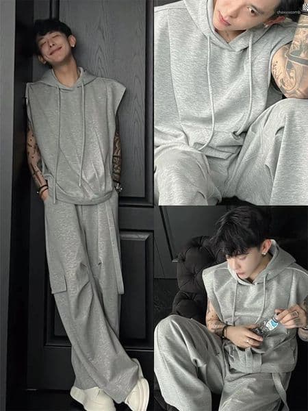 Men's Pants Gray Short Sleeve Sportswear Set For Men Summer Casual Design Polyester Fabric Long Youth Fashion