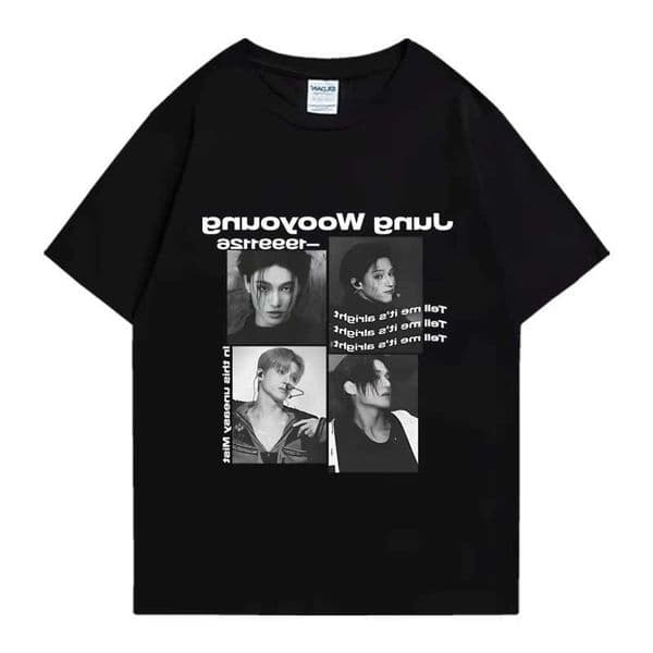 Kpop 2026 Atz Wooyoung Graphic Black T-shirt Men Women Fashion Oversized Short Slve T Shirts Unisex Summer 100 Cotton Tops