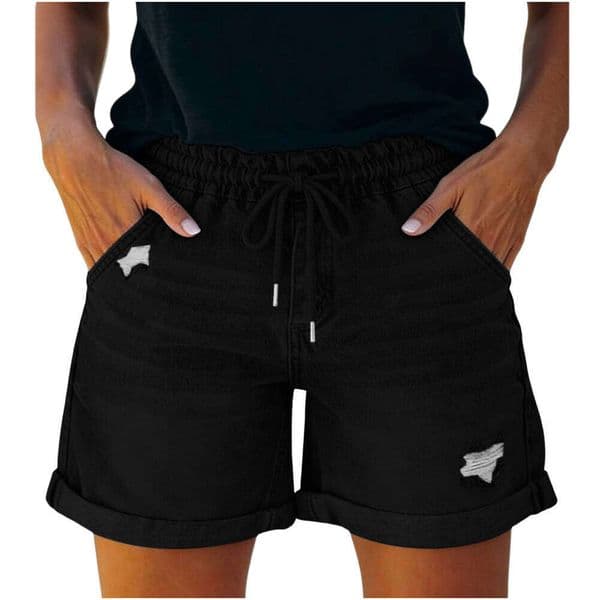 Women's Ripped Drawstring Double-Pocket Slim-Fit Sexy Denim Elastic Waist Shorts 194