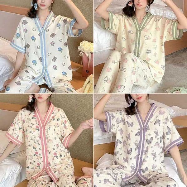 2PCS/Set Large Size Korean Version of the Casual Classic Sweet Purple Floral Pajamas Short-Sleeved Long Trousers Casual Homewear L260525