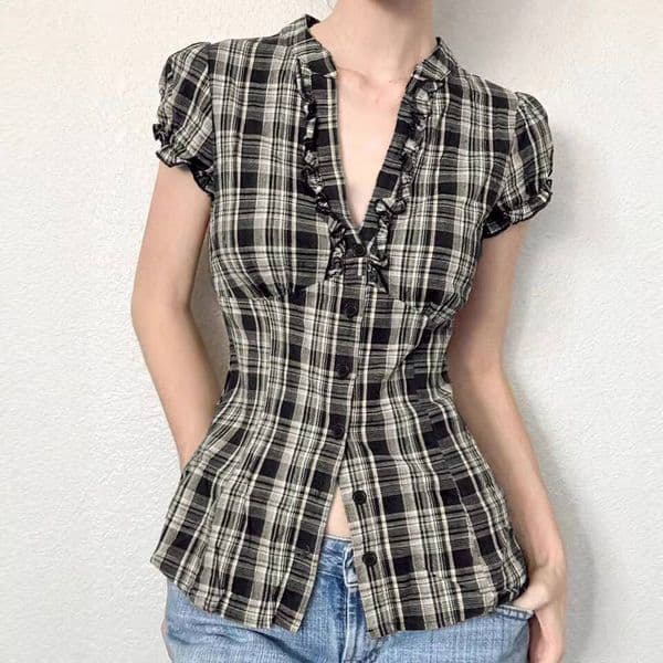 Y2K Plaid Shirt Women V Neck Cinched Waist Bubble Sleeve British Style Feminine Top dongdumaoyi