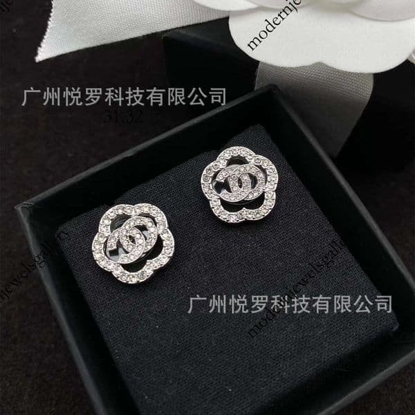 Designer Earrings channels high-quality double C camellia full-diamond stud earrings women, versatile diamond-encrusted earrings, sale cc earrings
