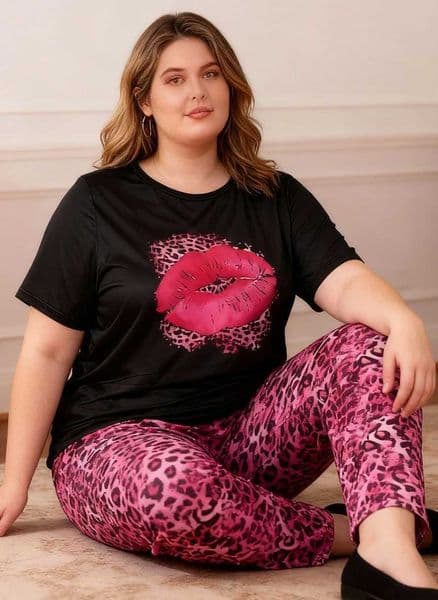 Womens Plus Size Leopard Print Pajamas Set Casual Loose Short Sleeve Top Pants Comfy Spring Summer Soft Homewear L260525
