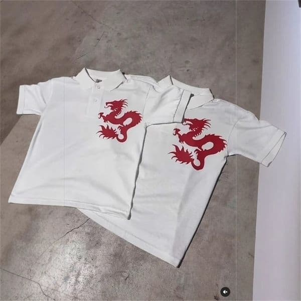 European and American short sleeved summer red dragon print polo shirt T-shirt high street y2k retro top casual wear 260529