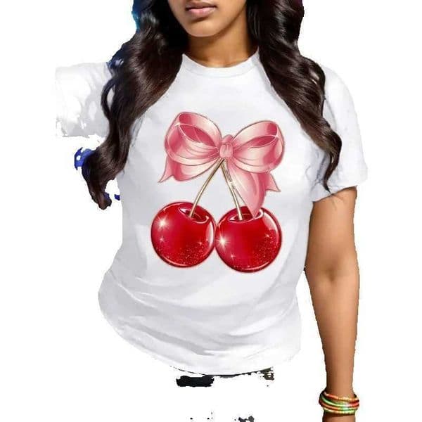 Cherry Print Round-neck Short-sved T-shirt Harajuku Aesthetic Graphic Top Best-selling Fashionable Summer fashion polyester D260601