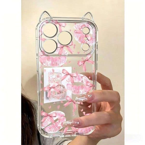 Cute Pink Lip Bow Pattern Phone Case For iPhone 17 Air 16 15 14 11 13 12 Pro Max XSMax XS XR X Y2K Cat Ear Soft Cover