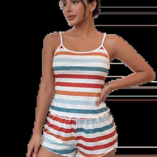 Summer Colorful Striped Sleepwear Set Ruffle Sleeveless Womens Pajamas Set Comfortable Loungewear Set Summer Wear L260525