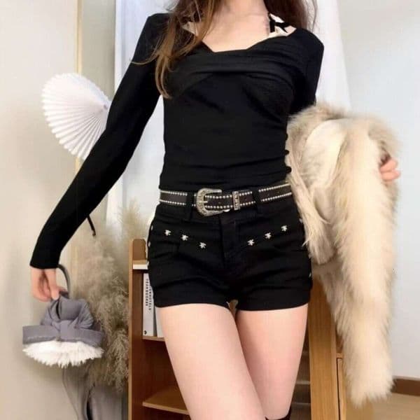 Black Studded Design American-Style Hot Girl Tight-Fitting Hip-Hugging Ultra-Short Denim Shorts For Women, Lightweight Casual Japanese And Korean Hot Pants E32