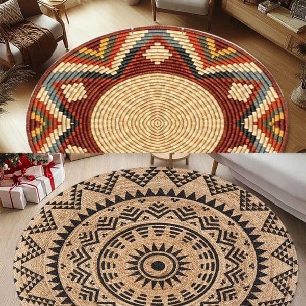 Woven Style Round Geometric Pattern Rug Ethnic Decor Non-Slip Durable Carpet for Living Room Bedroom Decorative Space rugs L260602