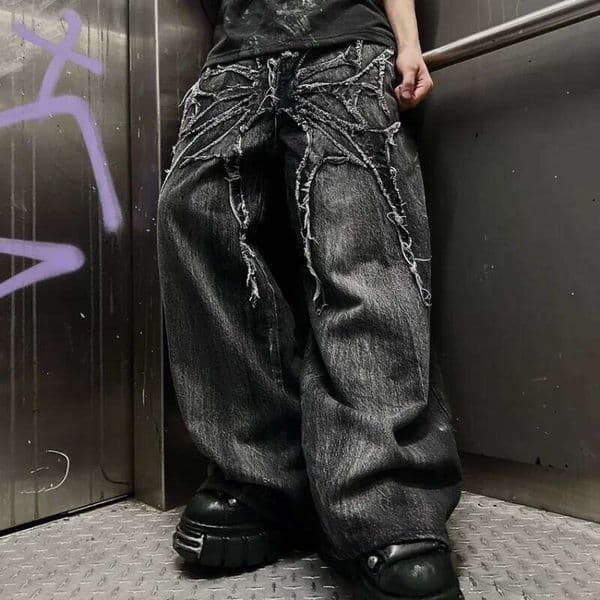 Gothic Retro Oversized Baggy Fit Unisex Mopping Pants Y2K Phantom Jeans High Street Spider Embroidered Patch Hip Hop Streetwear 26Y0602