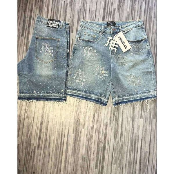 MIXED EMOTION Studded Lettering Denim Jeans for Mens Womens Hip Hop Vintage Blue Baggy Shorts Over The Knee Pants 26L0602