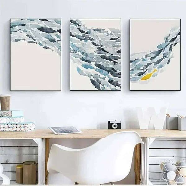 3PCS Watercolor Group Wall Art Posters Golden Fish Blue Prints Canvas Paintings for Living Room Kitchen Frameless 26L0602