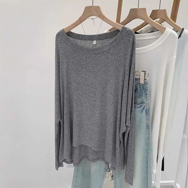 Lyocell Tencel Wool Off-Shoulder Loose Long-Sleeve T-Shirt For Women, Spring And Autumn Base Shirt, Off-Shoulder Top Dab