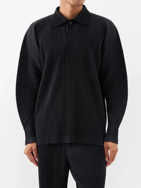 Miyake Pleated Men Polo Shirt Long-sleeved Lapel T Shirt Full Sleeves Breathable Casual Polo 260601